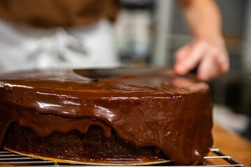 Decadent, chocolatey Sachertorte sits atop a plate, invitingly