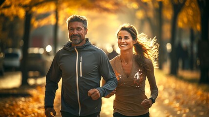 couple walking or exercising in autumn outdoors