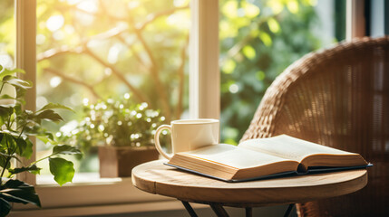 Cup of coffee and a book near the window. Good morning lifestyle concept.