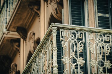 Low angle shot of a historic vintage balcony design in Funchal, Madeira Island, Portugal