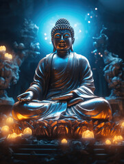 Buddha statue transcendental spiritual meditation with aura, banner yellow light.