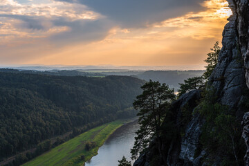 View of the Elbe in Saxon Switzerland Germany at dusk 