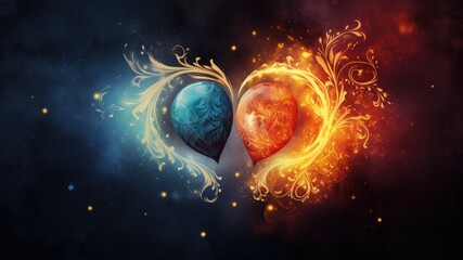 Fire and ice is in the form of a hearts, wedding wishes showcasing two hearts becoming one soul, layout for wedding marriage wishes and celebration background with copy space for text
