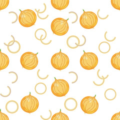 Set of seamless vector patterns with fruits, vegetables, onions, and slices. Cute design. Modern bright colors for cover paper, interior fabrics, backgrounds, and other users.