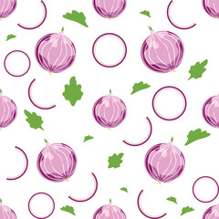 Set seamless vector patterns with fruits, vegetables, shallots, and slices. Cute design. Modern bright colors for cover paper, interior fabrics, backgrounds, and other users.