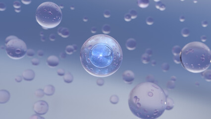 3D rendering Cosmetics Blue Serum bubbles on defocus background. Collagen bubbles Design. Essentials of Moisturizing and Serum Concept. Vitamin for beauty and health concept. 