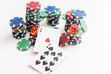 Cards,dives and multi-color ships for casino on white backgroud