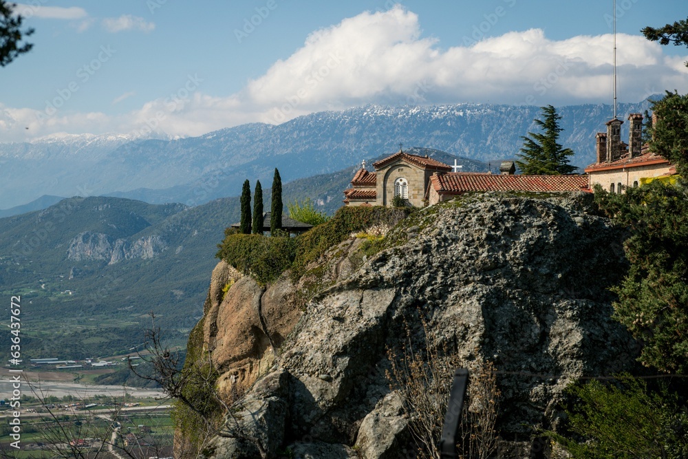 Sticker Magnificent view of the Great Meteoron Monastery, situated at the top of a hill