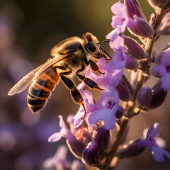 A detailed of a bee collecting nectar from a flower in the early morning light.