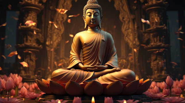 Buddha Statue Transcendental Spiritual Meditation With Aura, Banner Yellow Light.