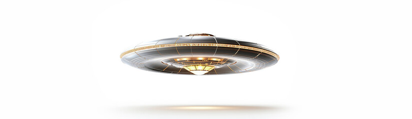 UFO on a white background. A spaceship with a golden glow. Stylish minimalist design.