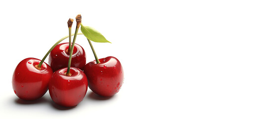 Red cherries on a white horizontal background with space for text. Drops of moisture on the bright fruits of European cherries. 