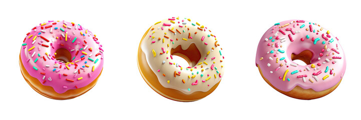 elements of realistic glazed donuts with sprinkles isolated on transparent background