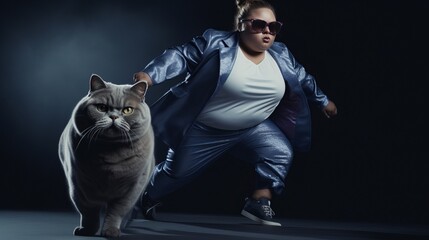 woman with fat British short hair cat illustration generative ai 