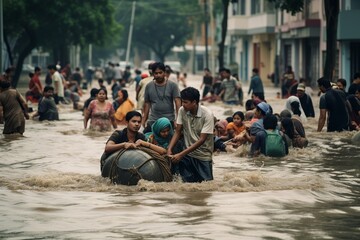 Asian people walking and rescuing on flooding road during monsoon season