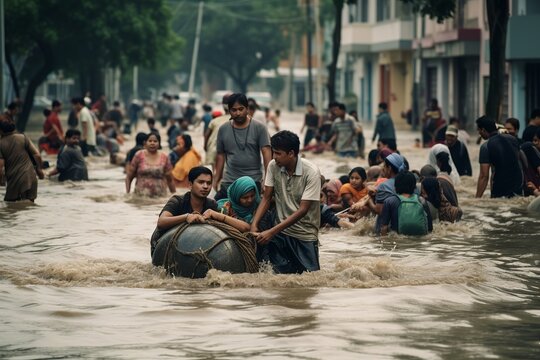 Asian people walking and rescuing on flooding road during monsoon season