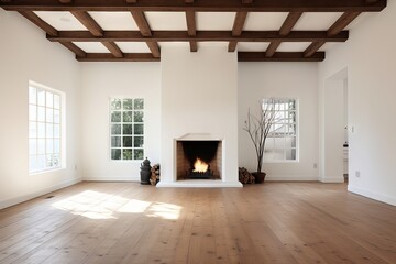 Minimalist living room interior with wooden floor and wooden ceiling and fire place with big windows , decor on a large wall. 