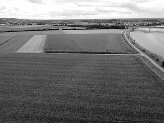 Aerial grayscale of the cultivated farmland
