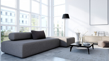 Modern room interior with panoramic windows