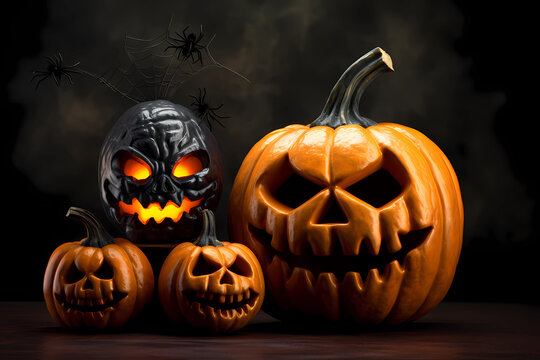 evil pumpkins with spiders, background for halloween. AI Generated.