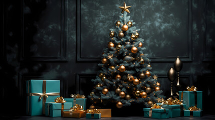 Fototapeta premium Dark Green-Walled Christmas and New Year's Setup with Tree, and Gifts. AI Generated.