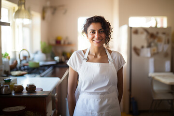 A young woman of Indian origin in a blank white apron on a blurred background of a home kitchen. A food blog, the concept of own business. Mock-up for design. Blank template. Al generated