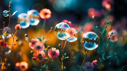 Bright colored flowers. Soap bubbles. Magic light, bokeh. Illuminated by the light of sunset Generative AI technology.