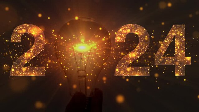 
happy new year 2024 , creative idea.Concept of idea and innovation 2024, Abstract motion background shining gold particles. Shimmering Glittering Particles 4K video