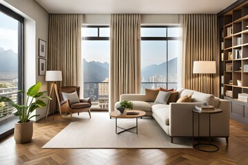 Fototapeta na wymiar modern living room with skin colure off wall and furniture 