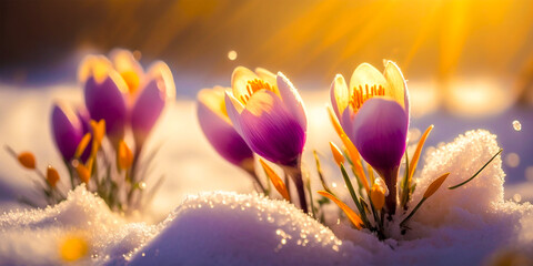 A beautiful sight of spring crocuses blooming on melted snow Symbolizes the arrival of spring and...
