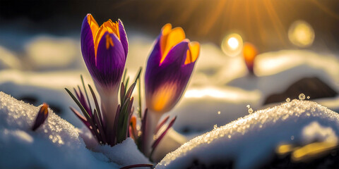 Beautiful spring flowers emerge from under the snow A symbol of new beginnings and rebirth Crocus flowers bring color and life to a winter landscape - obrazy, fototapety, plakaty