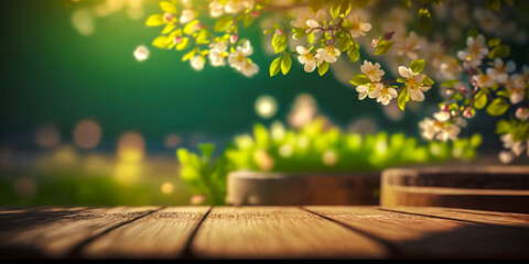 Beautiful spring flowers on a wooden table Vibrant colors of the flowers contrast against the green backdrop of the garden Perfect spot for a fresh and natural aesthetic