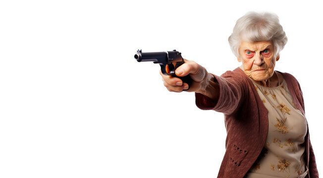 Angry old woman pointing a gun, isolated on white background with copy space.