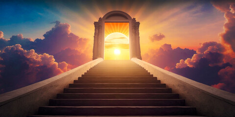 Embark on a heavenly adventure as you climb this majestic staircase, where heavenly wonders unfold with every climb! Journey to Heaven - obrazy, fototapety, plakaty