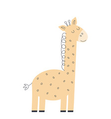 Fototapeta premium Cute giraffe in scandinavian style. Nice wild animal character. Flat minimalistic illustration. Vector drawing on white isolated background. Baby clothes print, poster, nursery decor.