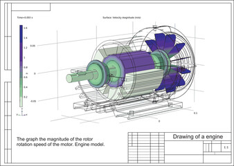 Vector drawing. The graph the magnitude of the rotor  rotation speed of the motor. Engine model. Computer 3d modeling and  analysis using a computer aided design system. © TKalinovskaya