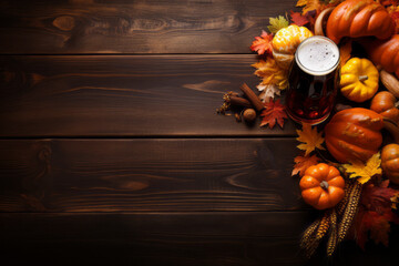 Wooden background for Oktoberfest with fall leaves, beer and pumpkin