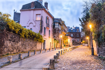 Historic street in Montmartre in Paris in the morning