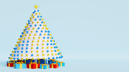 White christmas tree with blue and yellow decorations with gifts under it on an isolated stage