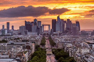 La Defense business district in Paris at sunset