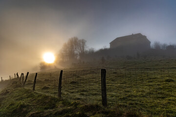 Sunrise on a foggy morning, beautiful landscape