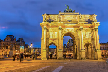 Arc de Triomphe du Carrousel (Arch de Triomphe in the Carrousel Square) in Paris at night