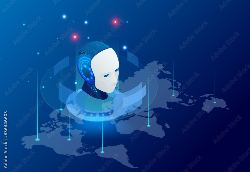 Poster isometric artificial intelligence, knowledge expertise intelligence learn. internet connect chat, ch