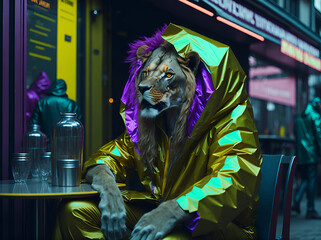 Fototapeta na wymiar a lion in a colored raincoat sits outside in the rain. AI generated.