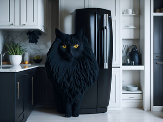 black cat with a black refrigerator in a white kitchen. AI generated.