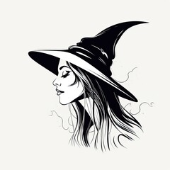 side profile of a witch with a resting face - black line art illustration on white background (Generative AI)
