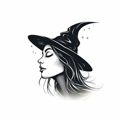 side profile of a witch with a resting face - black line art illustration on white background (Generative AI)