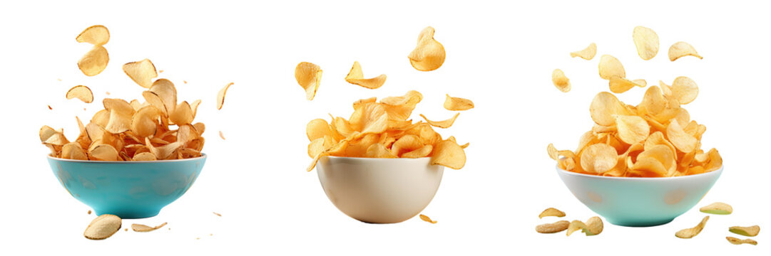 Front view of potato chips flying in a black bowl on a transparent background