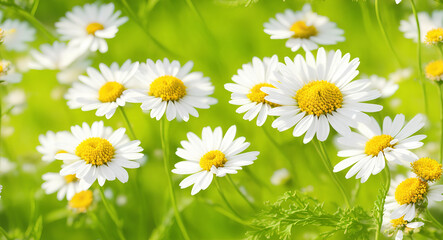 Field with white daisies and fresh grass. AI