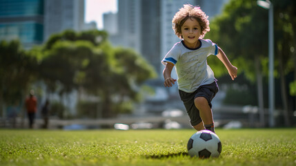 Child playing soccer, boy playing football